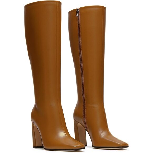 ⚡ Women's Brown Knee High Boot Square Toe Chunky Heel Wide Calf Side Zipper